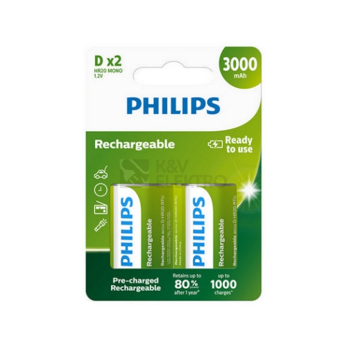 Nabíjecí baterie D Philips Multilife HR20 R20B2A300/10 3000mAh NiMH (blistr 2ks)