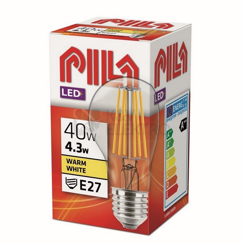 Obrázek produktu LED žárovka E27 PILA A60 Filament čirá 4,3W (40W) teplá bílá (2700K) 1
