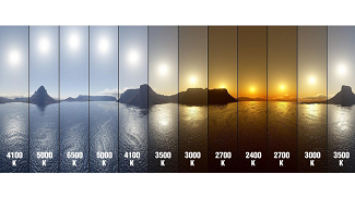Teplota barvy světla slunce v různých denních fázích